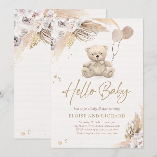 Boho Teddy Bear Gender Neutral Baby Shower Invitation (Front/Back)