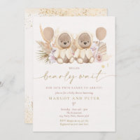 Boho Teddy Bear Gender Neutral Twin Baby Shower Invitation