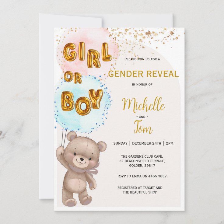 Boho Teddy Bear Gender Reveal Invitation | Zazzle