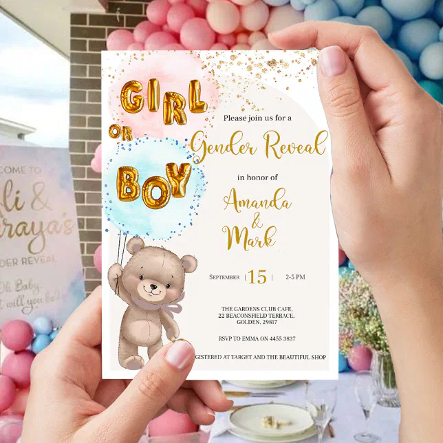Boho Teddy Bear Gender Reveal Invitation Zazzle