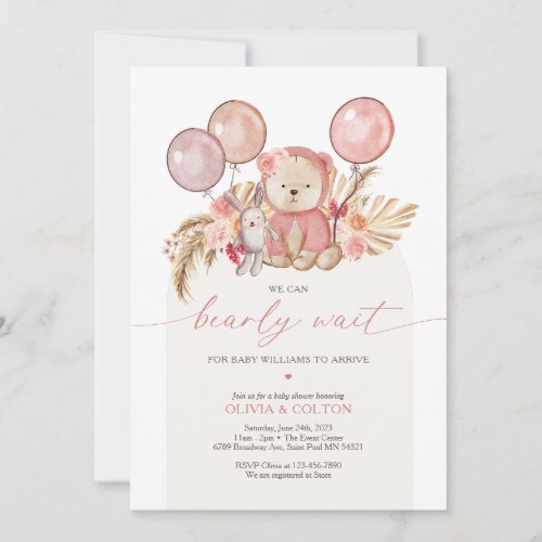 Boho Teddy Bear Girl Baby Shower Invitation