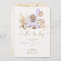 Boho Teddy Bear Girl Lilac Bearly Wait Baby Shower Invitation