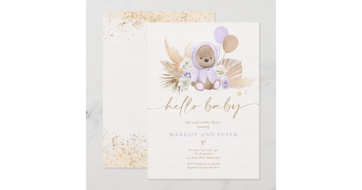 Boho Teddy Bear Girl Lilac Bearly Wait Baby Shower Invitation Zazzle