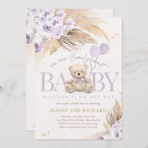 Boho Teddy Bear Girl Lilac Bearly Wait Baby Shower Invitation