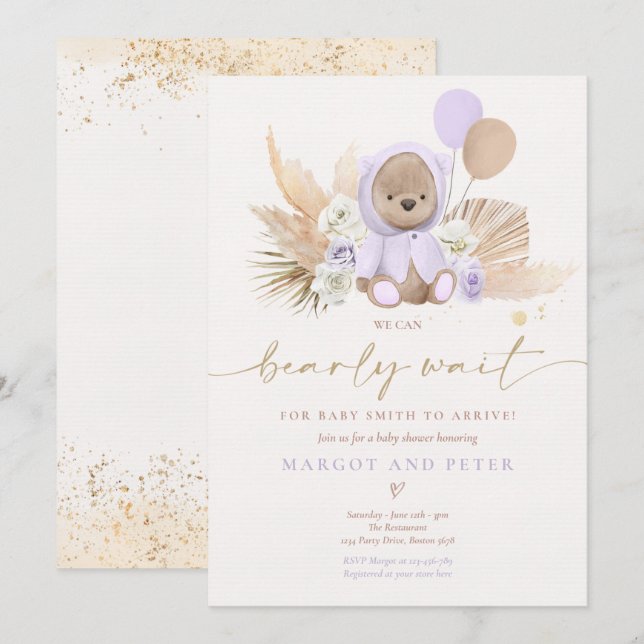 Boho Teddy Bear Girl Lilac Bearly Wait Baby Shower Invitation (Front/Back)
