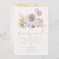 Boho Teddy Bear Girl Lilac Bearly Wait Baby Shower Invitation