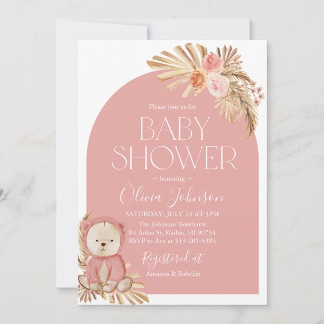  Boho Teddy Bear Girl Pink Baby Shower Invitation (Front)