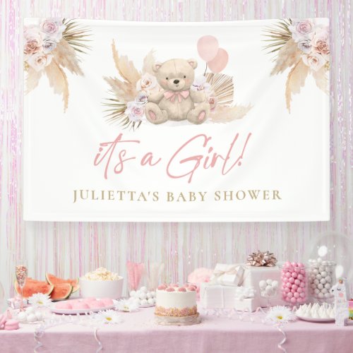 Boho Teddy Bear Girl Pink Baby Shower Welcome Banner