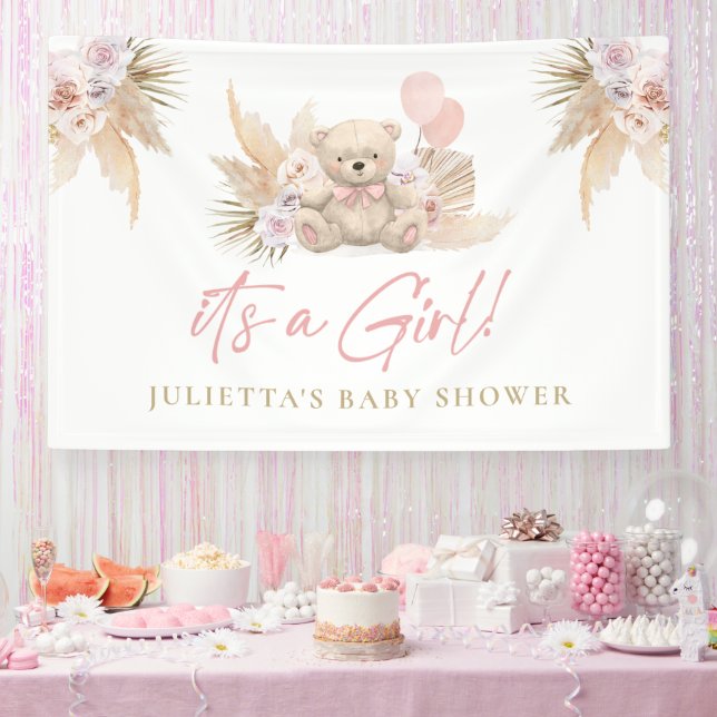 Boho Teddy Bear Girl Pink Baby Shower Welcome Banner (Party)