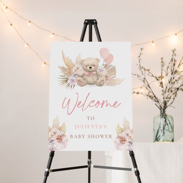 Boho Teddy Bear Girl Pink Baby Shower Welcome Foam Board (In Situ (Stand))