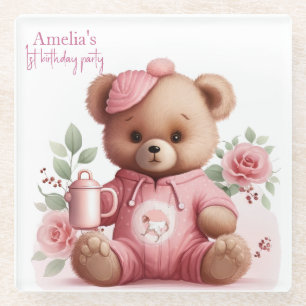 Boho Teddy Bear Girl Pink Bear Floral Birthday  Glass Coaster
