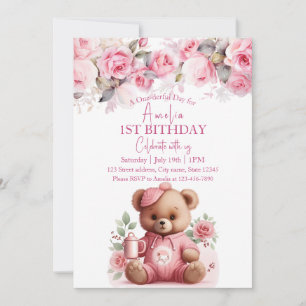 Boho Teddy Bear Girl Pink Bear Floral Birthday  Invitation