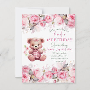 Boho Teddy Bear Girl Pink Bear Floral Birthday Invitation