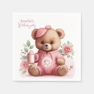 Boho Teddy Bear Girl Pink Bear Floral Birthday Napkins