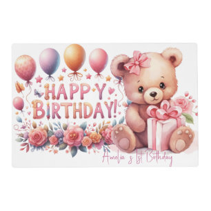 Boho Teddy Bear Girl Pink Bear Floral Birthday Placemat