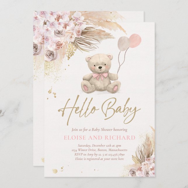 Boho Teddy Bear Girl Pink Bearly Wait Baby Shower Invitation (Front/Back)
