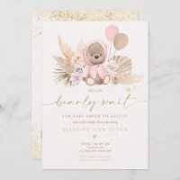 Boho Teddy Bear Girl Pink Bearly Wait Baby Shower Invitation