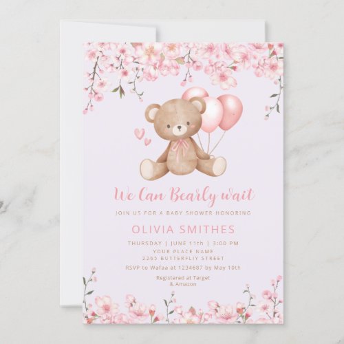 Boho Teddy Bear Girl Pink Bearly Wait Baby Shower Invitation