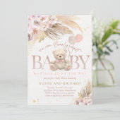 Boho Teddy Bear Girl Pink Bearly Wait Baby Shower Invitation (Standing Front)