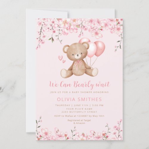 Boho Teddy Bear Girl Pink Bearly Wait Baby Shower  Invitation