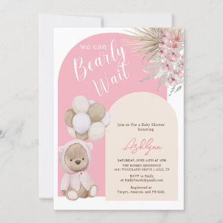 Boho Teddy Bear Girl Pink Bearly Wait Baby Shower Invitation