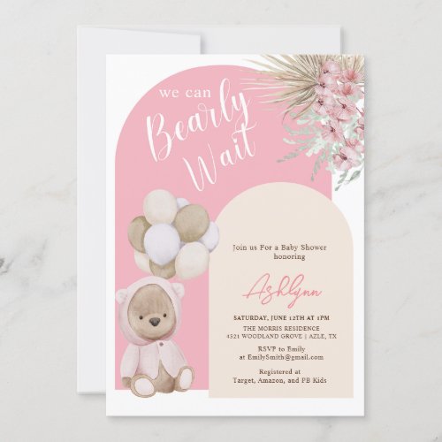 Boho Teddy Bear Girl  Pink Bearly Wait Baby Shower Invitation