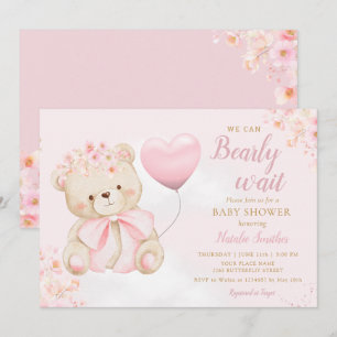 Boho Teddy Bear Girl Pink Bearly Wait Baby Shower Invitation