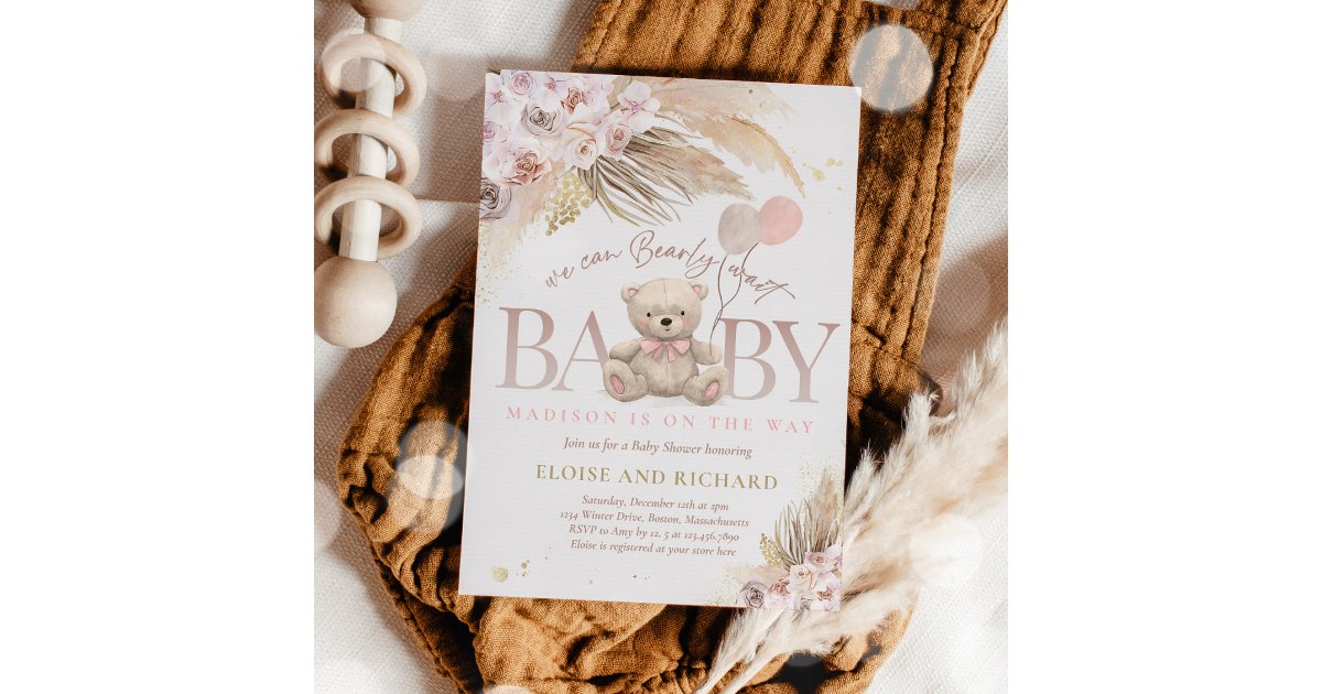 Boho Teddy Bear Girl Pink Bearly Wait Baby Shower Invitation | Zazzle