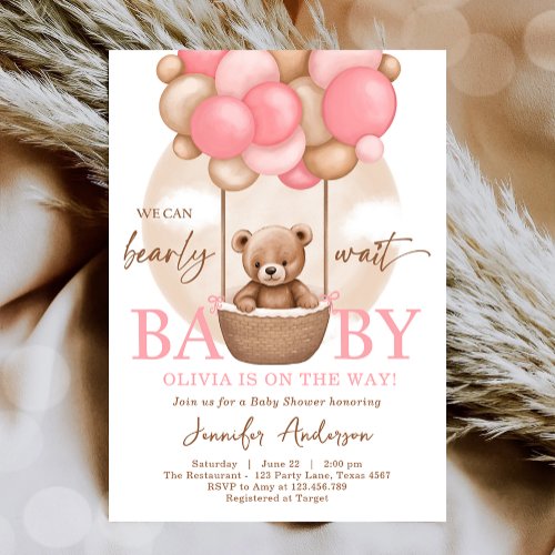 Boho Teddy Bear Girl Pink Bearly Wait Baby Shower  Invitation