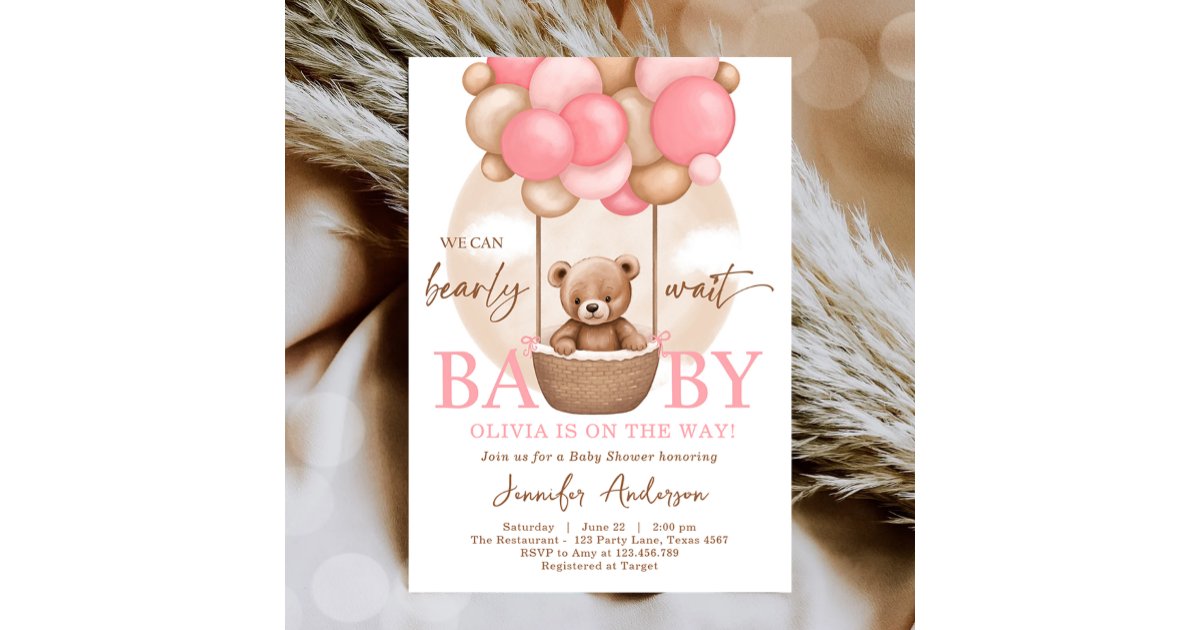 Boho Teddy Bear Girl Pink Bearly Wait Baby Shower Invitation | Zazzle