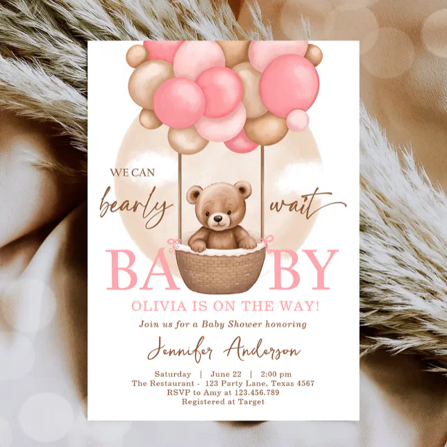 Boho Teddy Bear Girl Pink Bearly Wait Baby Shower Invitation | Zazzle