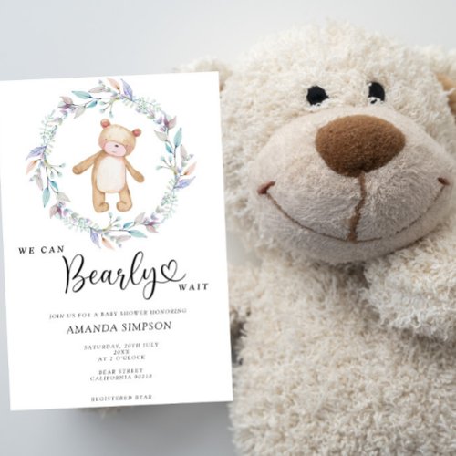 Boho Teddy Bear Girl Pink Bearly Wait Baby Shower Invitation