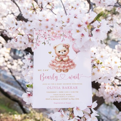 Boho Teddy Bear Girl Pink Bearly Wait Baby Shower Invitation