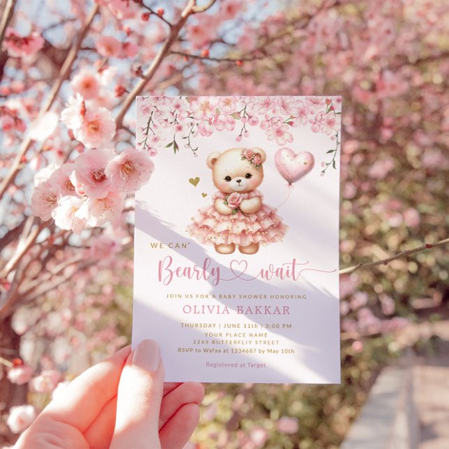 Boho Teddy Bear Girl Pink Bearly Wait Baby Shower Invitation (Creator Uploaded)
