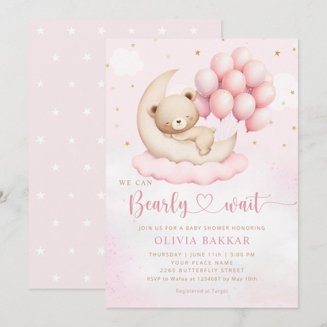 Boho Teddy Bear Girl Pink Bearly Wait Baby Shower Invitation (Front/Back)