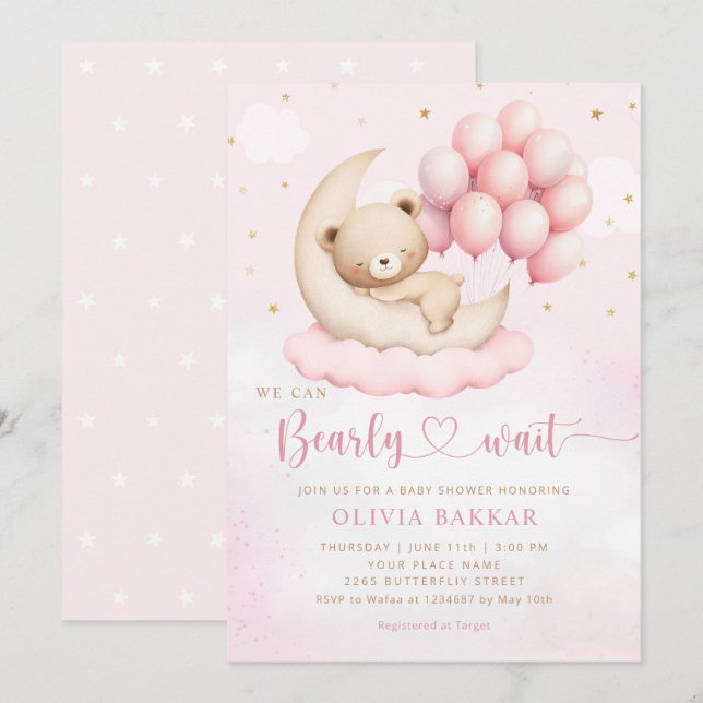 Boho Teddy Bear Girl Pink Bearly Wait Baby Shower Invitation (Front/Back)