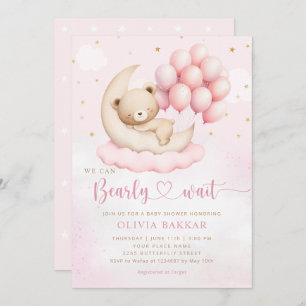 Boho Teddy Bear Girl Pink Bearly Wait Baby Shower Invitation