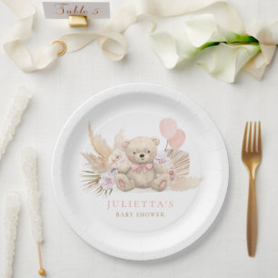 Boho Teddy Bear Girl Pink Bearly Wait Baby Shower Paper Plates