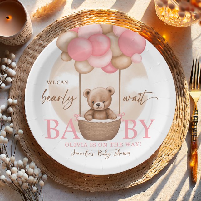 Boho Teddy Bear Girl Pink Bearly Wait Baby Shower  Paper Plates (Creator Uploaded)