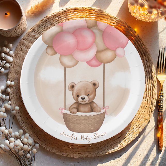 Boho Teddy Bear Girl Pink Bearly Wait Baby Shower  Paper Plates (Creator Uploaded)
