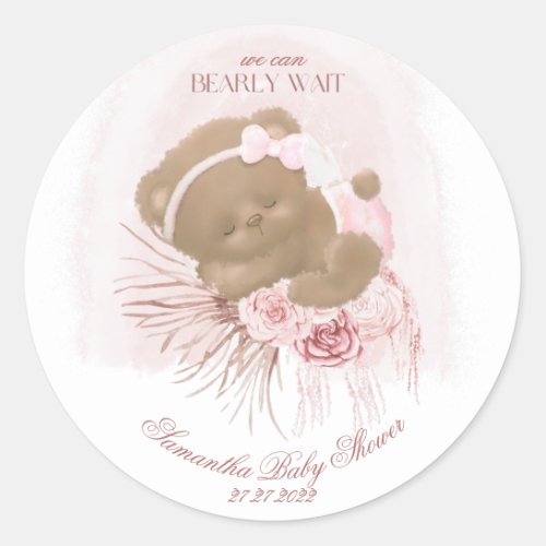 Boho teddy bear Girls Baby Shower Classic Round Sticker