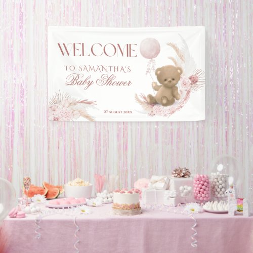 Boho teddy bear Girls Baby Shower Welcome Banner