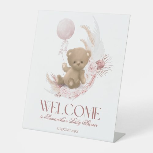 Boho teddy bear Girls Baby Shower Welcome Pedestal Sign