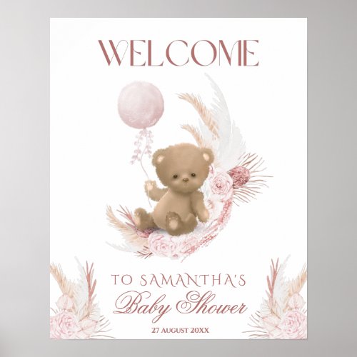 Boho teddy bear Girls Baby Shower Welcome  Poster