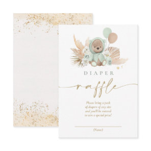 Boho Teddy Bear Green Baby Shower Diaper Raffle Enclosure Card