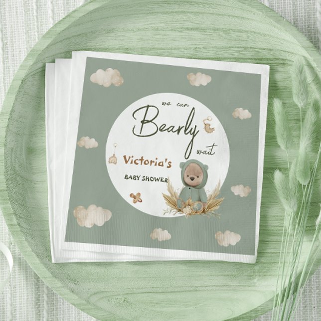 Boho Teddy Bear Green Neutral Baby Shower Napkins (Creator Uploaded)