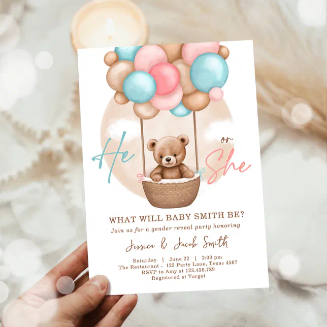 Boho Teddy Bear He She Boy or Girl Gender Reveal Invitation | Zazzle
