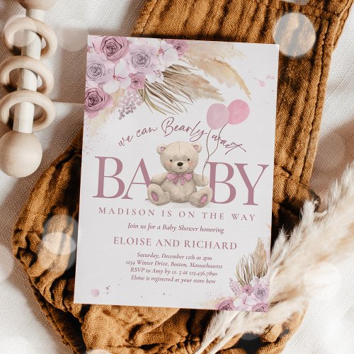 Boho Teddy Bear Mauve Pink Bearly Wait Baby Shower Invitation