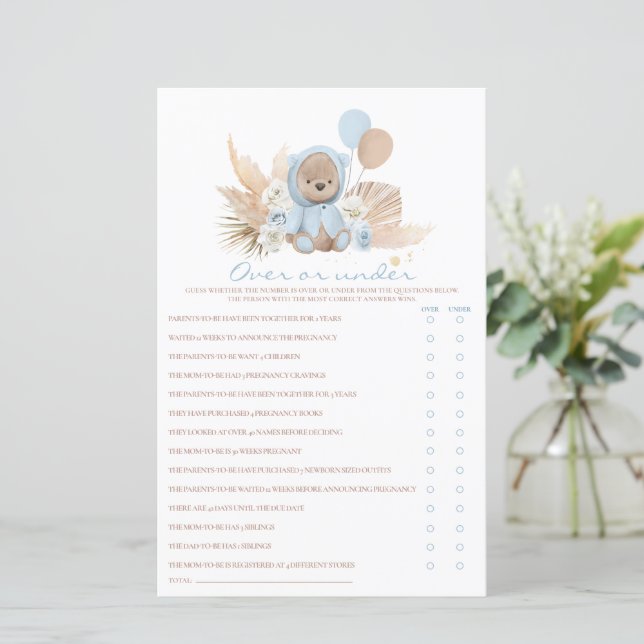 Boho Teddy Bear Over Or Under Baby Shower Game (Standing Front)