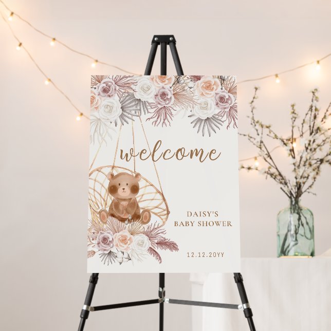 Boho Teddy Bear  Pampas Baby Shower Welcome Sign (In Situ (Stand))
